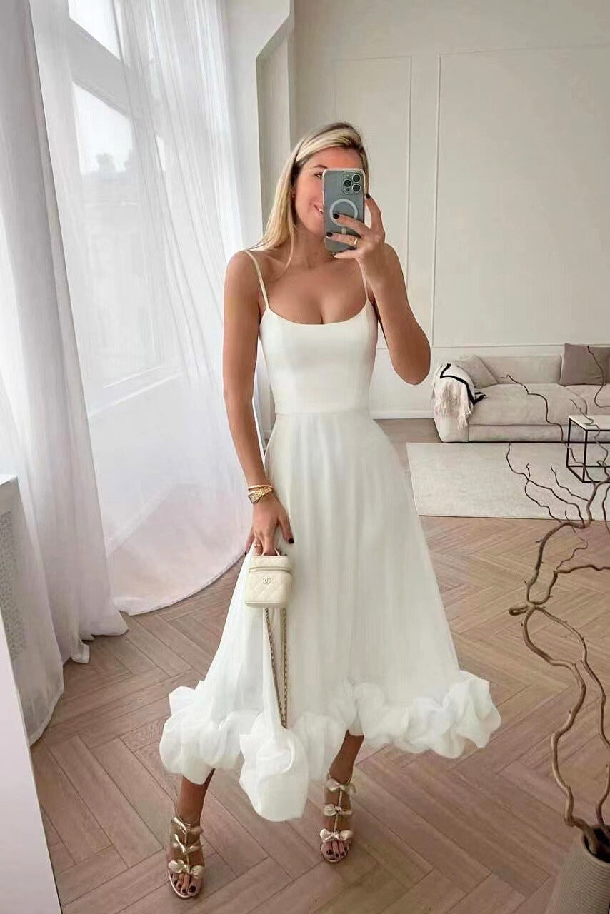 Spaghetti Strap Wedding Dress with Ruffles for Women | Maxi