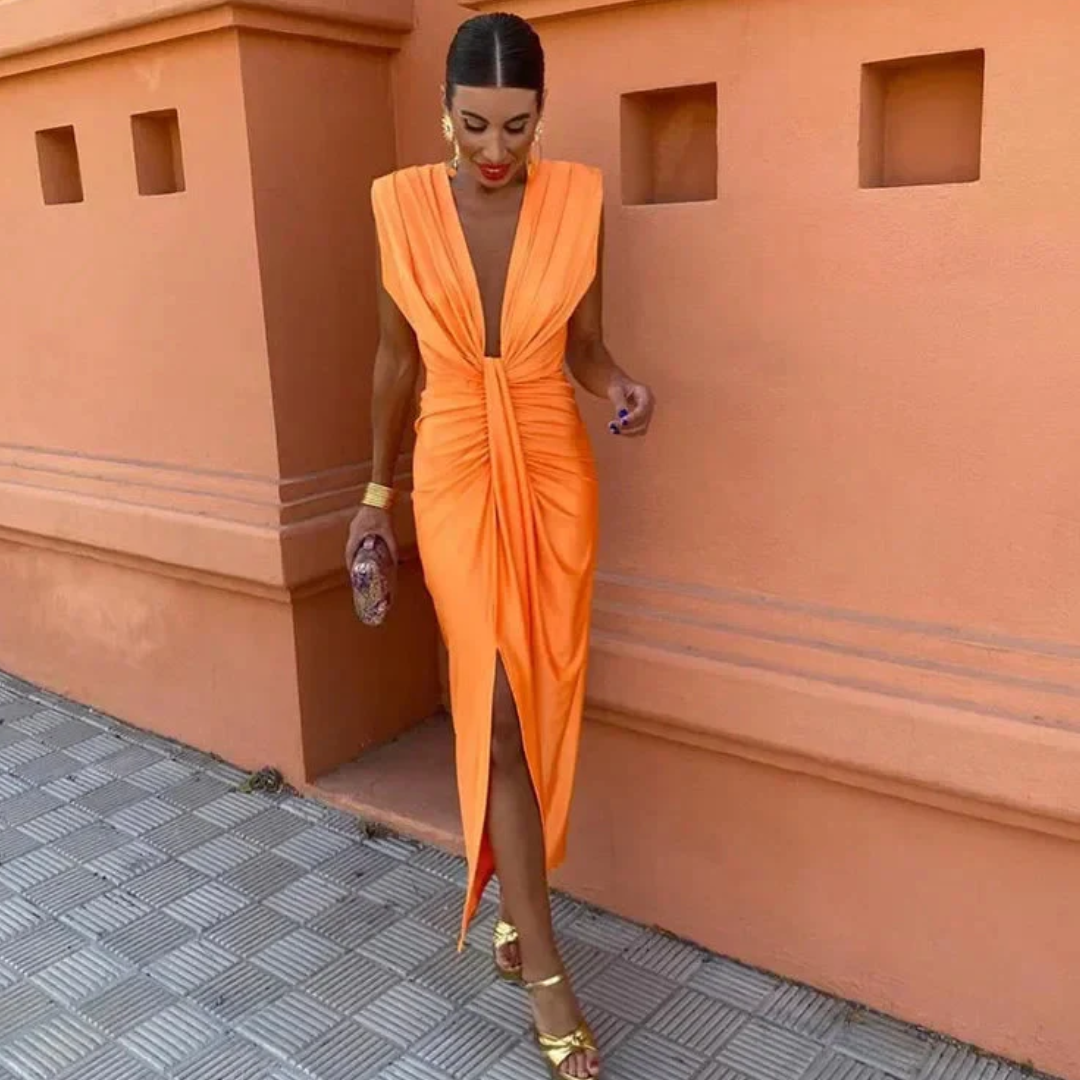 Women's Dress with Deep V-Neckline and Ruffles | Midi