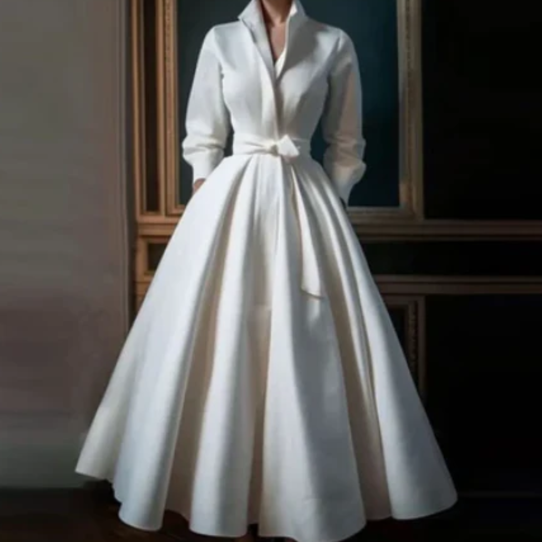 Long-sleeve long dress with waist belt | Midi