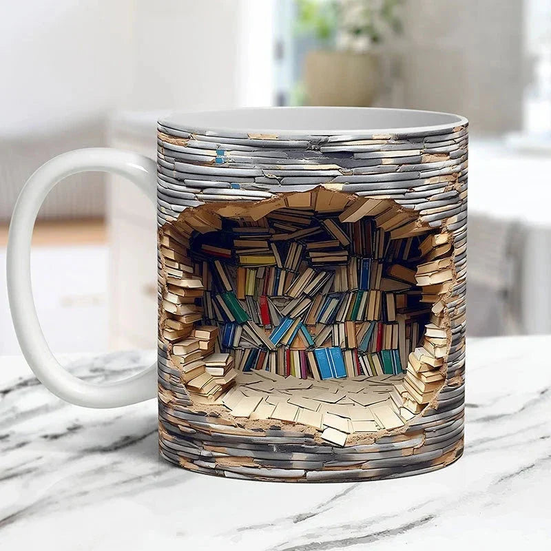Tasse Bibliothèque 3D, Cadeau de Tasses à Café pour les Amoureux des Livres
