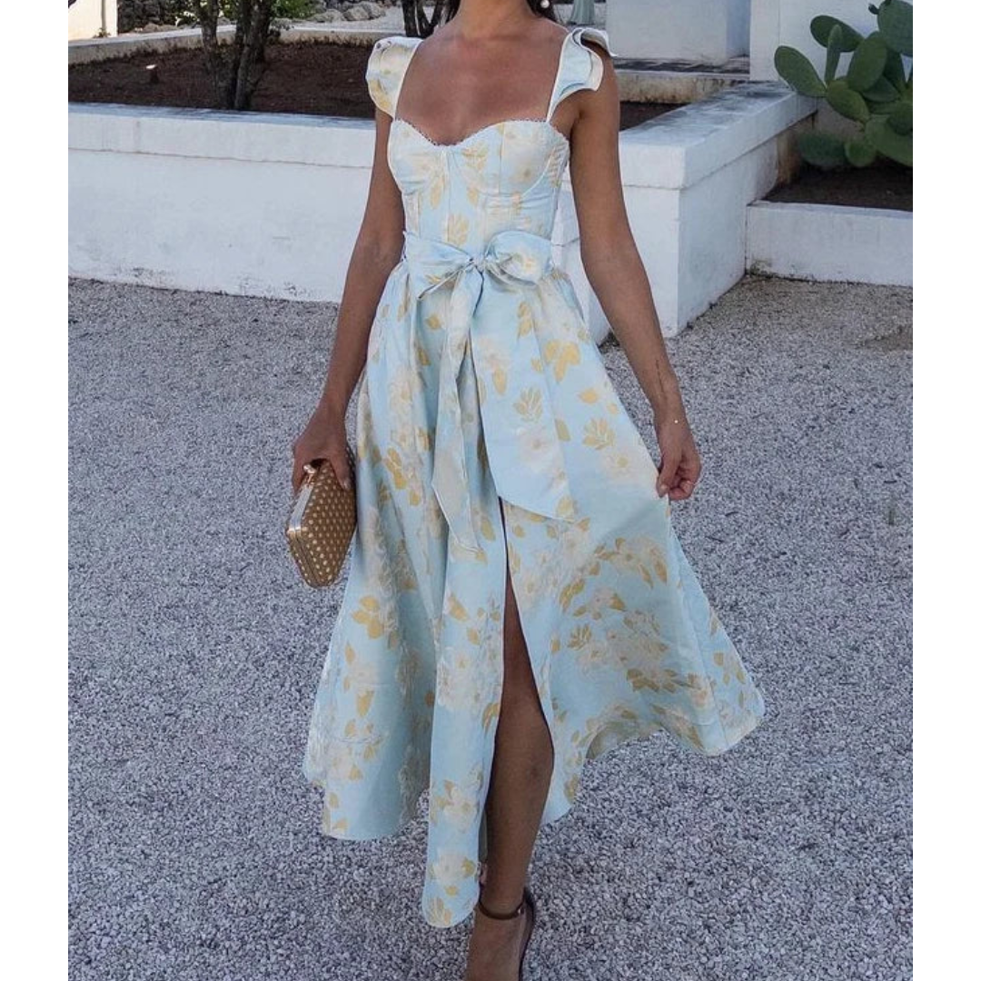 Women's Dress with High Slit and Waist Knot | Midi