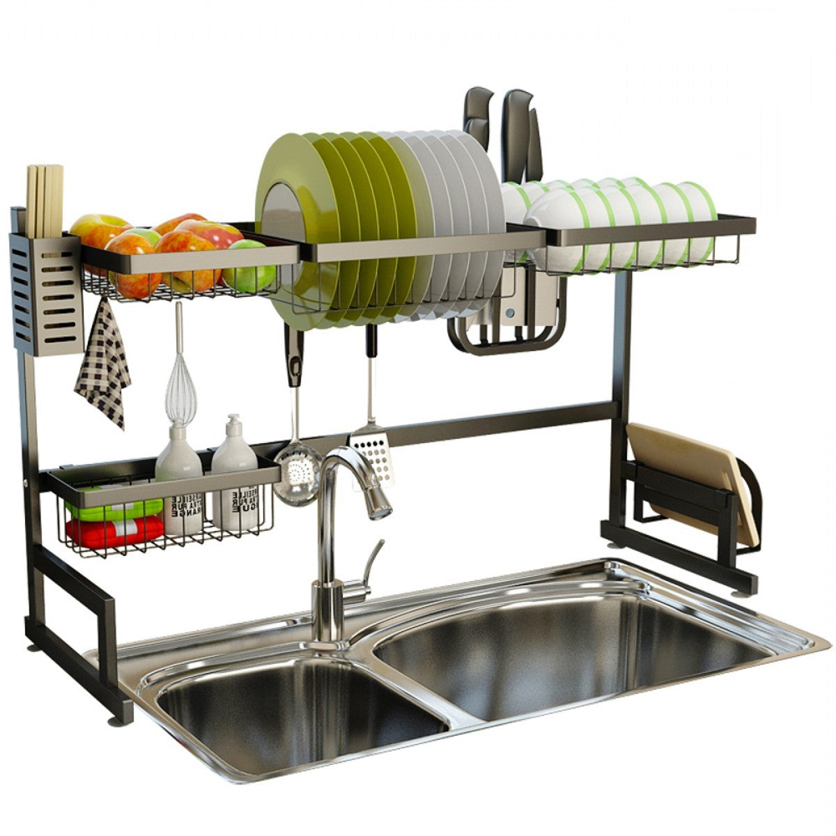 Égouttoir à vaisselle en acier inoxydable noir de 34,6" au-dessus de l'évier de cuisine, étagère de drainage pour assiettes et ustensiles