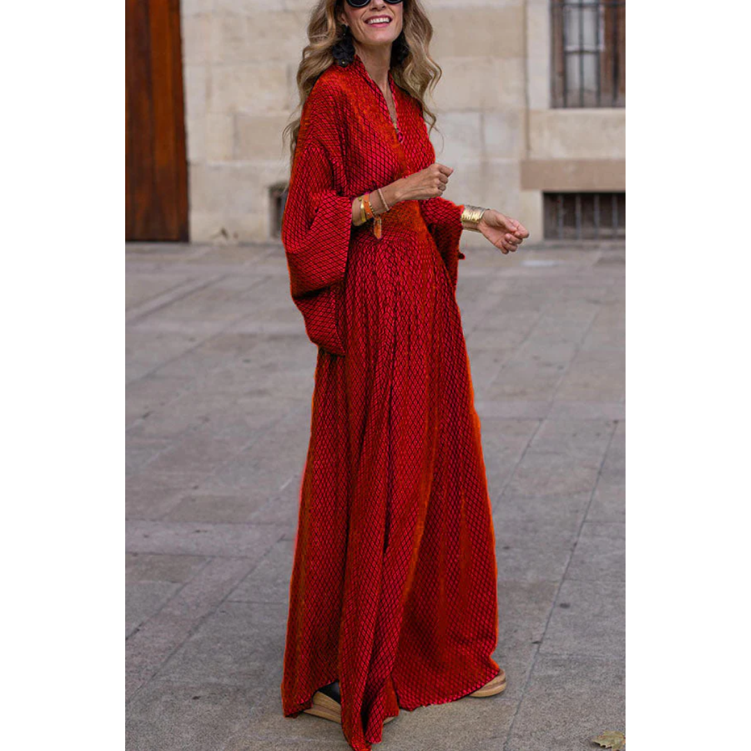 Maxi Dress with Batwing Sleeves and Geometric Pattern for Women