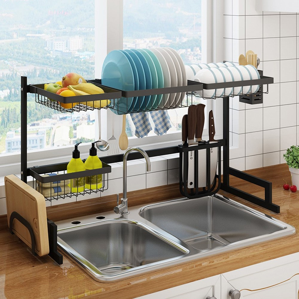 Égouttoir à vaisselle en acier inoxydable noir de 34,6" au-dessus de l'évier de cuisine, étagère de drainage pour assiettes et ustensiles