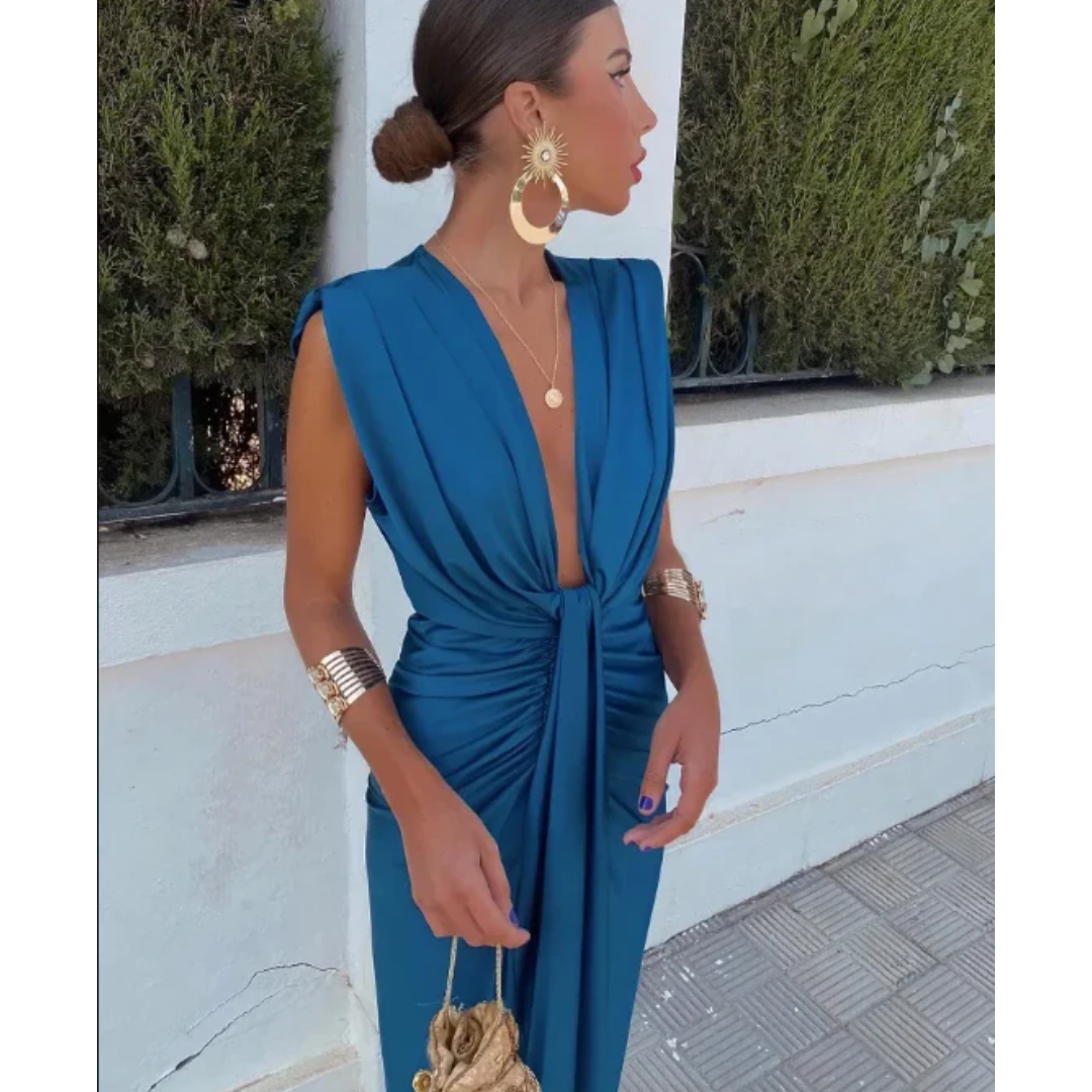 Women's Dress with Deep V-Neckline and Ruffles | Midi