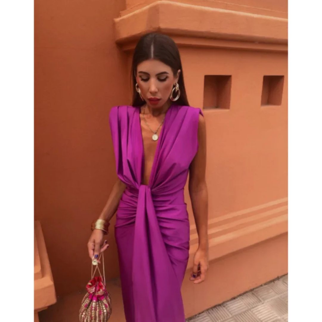 Women's Dress with Deep V-Neckline and Ruffles | Midi