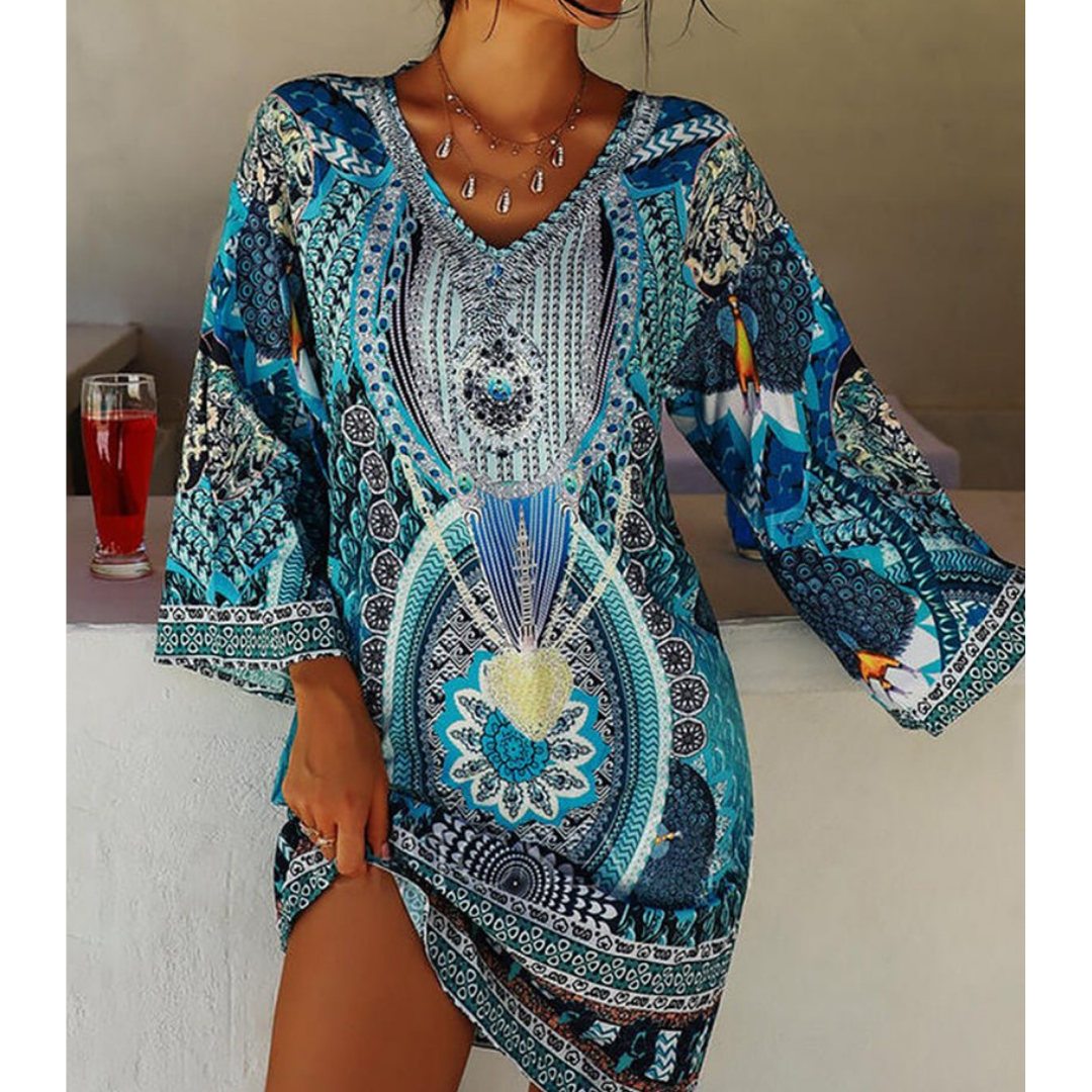 Mini Dress with Boho Print for Women | V-Neckline
