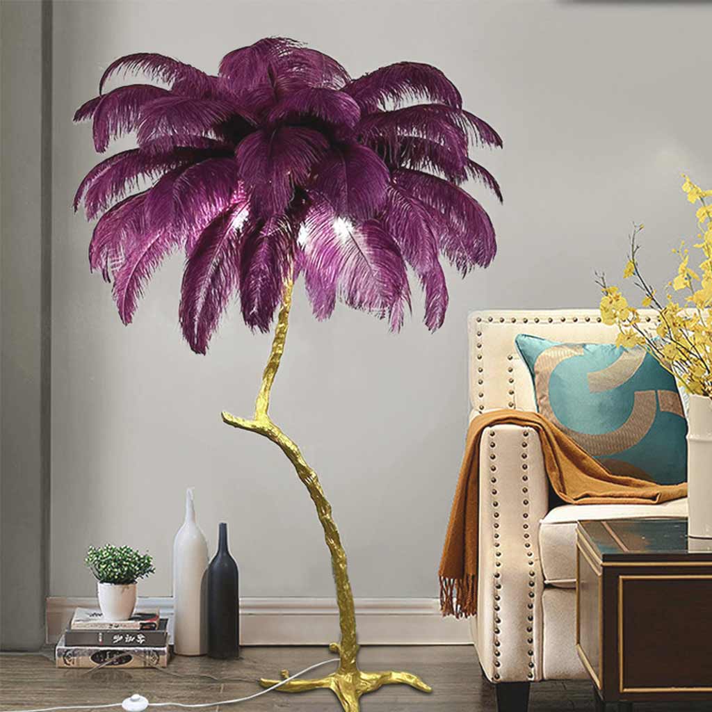 Lampe de sol en plumes d'autruche en forme d'arbre, résine