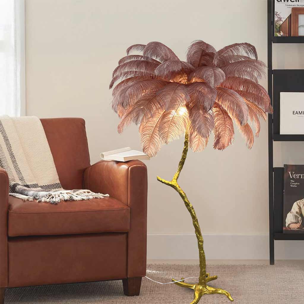 Lampe de sol en plumes d'autruche en forme d'arbre, résine