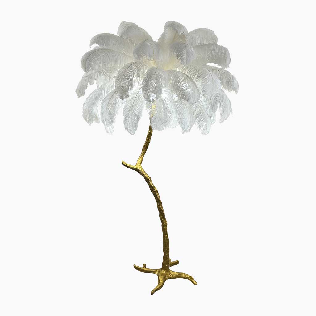 Lampe de sol en plumes d'autruche en forme d'arbre, résine