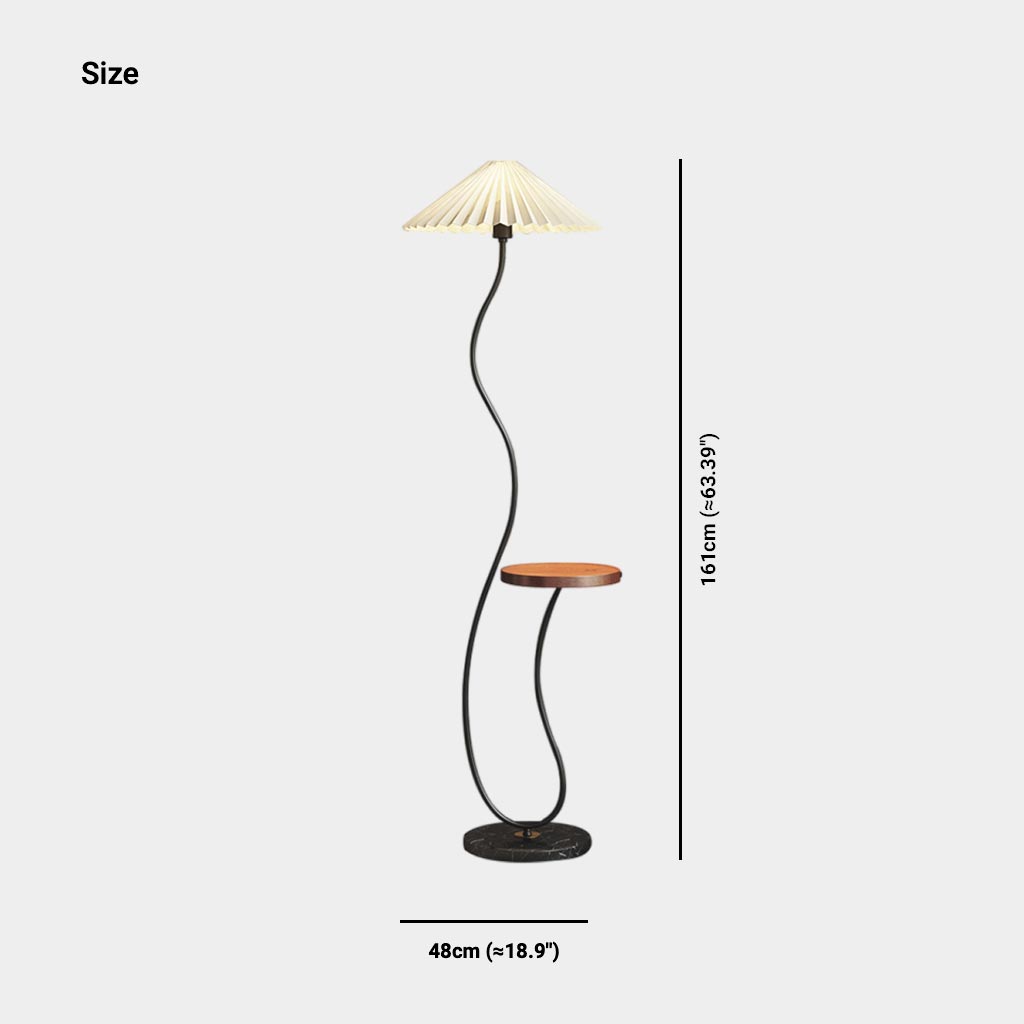 Lampadaire crème avec abat-jour en tissu courbé et table