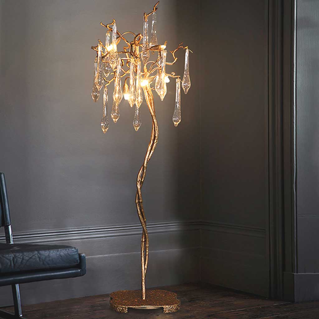 Lampadaire Luxe goutte en cristal, laiton, or