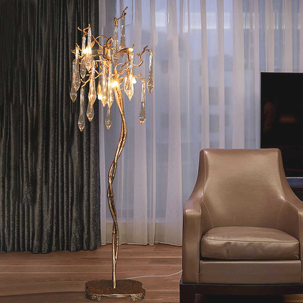 Lampadaire Luxe goutte en cristal, laiton, or