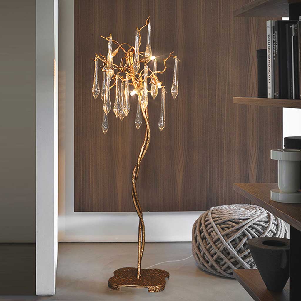 Lampadaire Luxe goutte en cristal, laiton, or