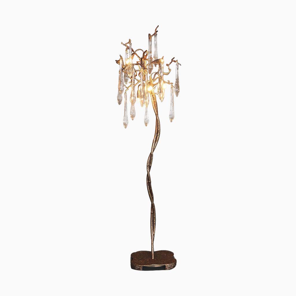 Lampadaire Luxe goutte en cristal, laiton, or