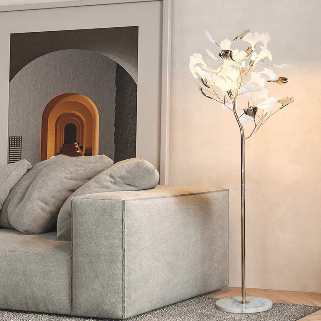 Lampe sur pied décorative en céramique avec feuilles de ginkgo