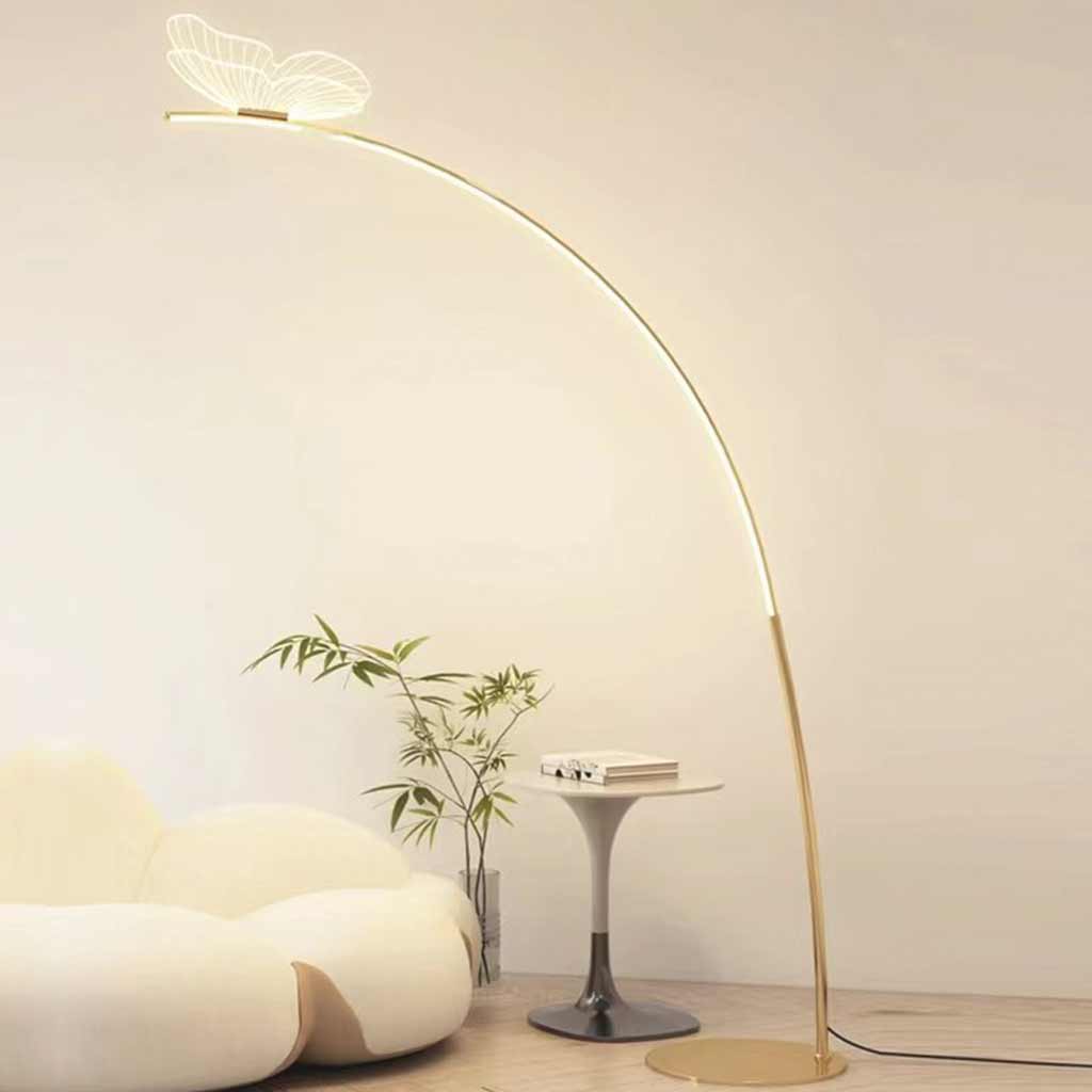 Lampadaire élégant en arc acrylique papillon-LED, or