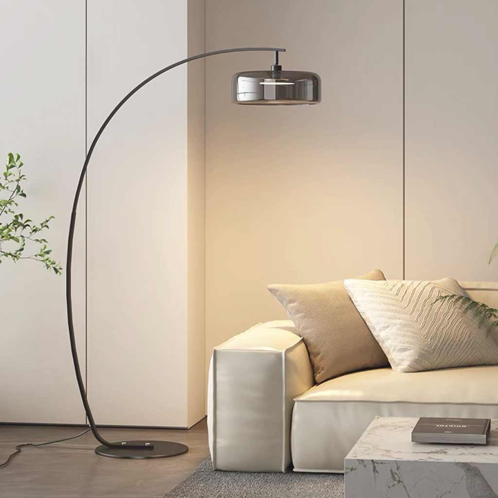 Lampe sur pied italienne longue avec abat-jour en verre courbé