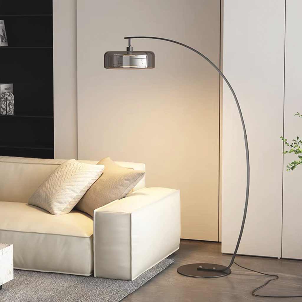 Lampe sur pied italienne longue avec abat-jour en verre courbé