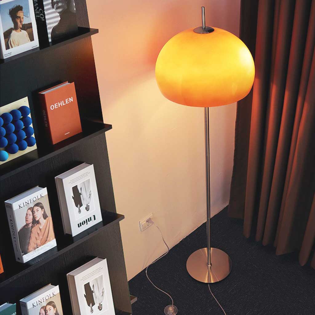 Lampe sur pied Rétro Bauhaus Dôme Champignon en Verre, Blanc/Orange