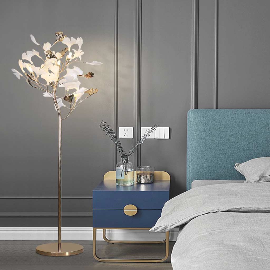 Lampe sur pied décorative en céramique avec feuilles de ginkgo