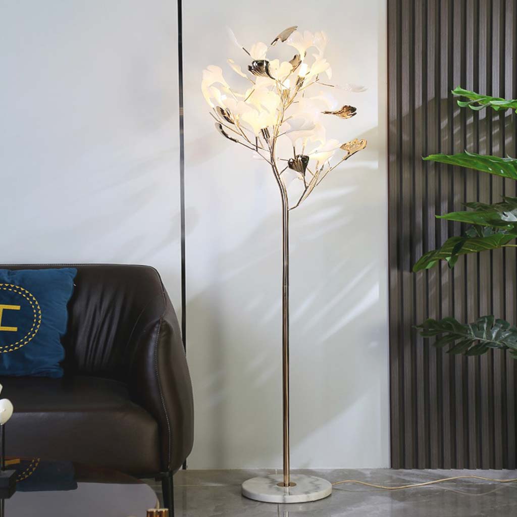 Lampe sur pied décorative en céramique avec feuilles de ginkgo
