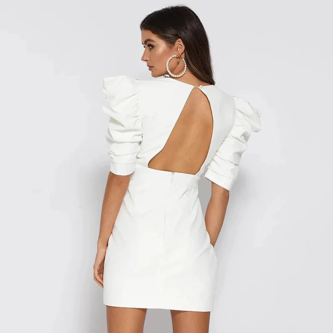 Mini Dress with V-Neck and Puff Sleeves for Women