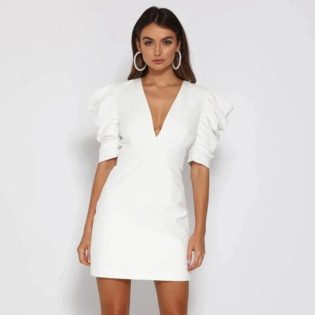 Mini Dress with V-Neck and Puff Sleeves for Women