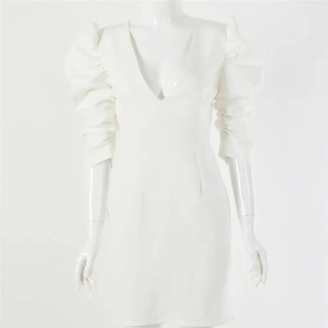 Mini Dress with V-Neck and Puff Sleeves for Women