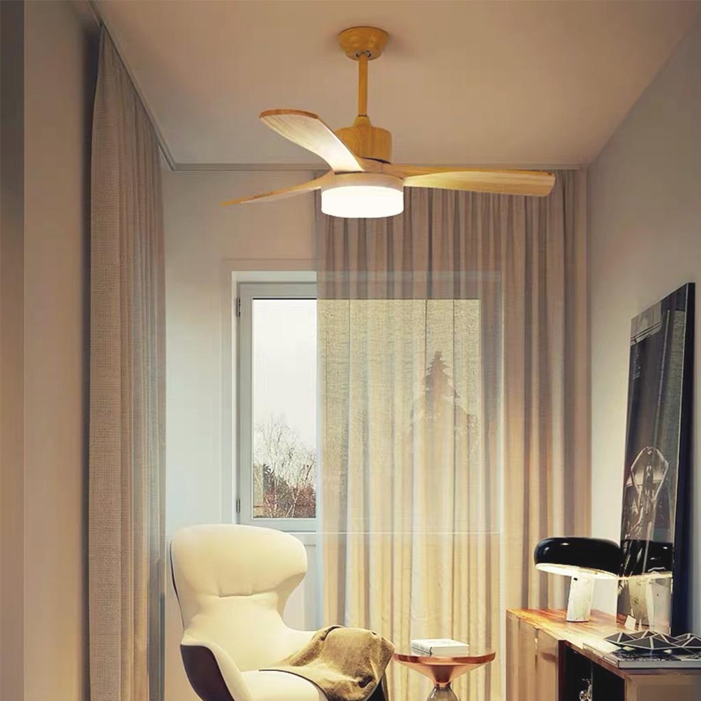 Ventilateur de plafond Lustre avec lumière, minimaliste, silencieux, en bois