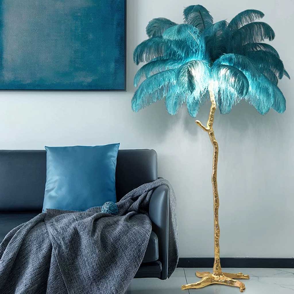 Lampe de sol en plumes d'autruche de luxe, 16 couleurs/résine