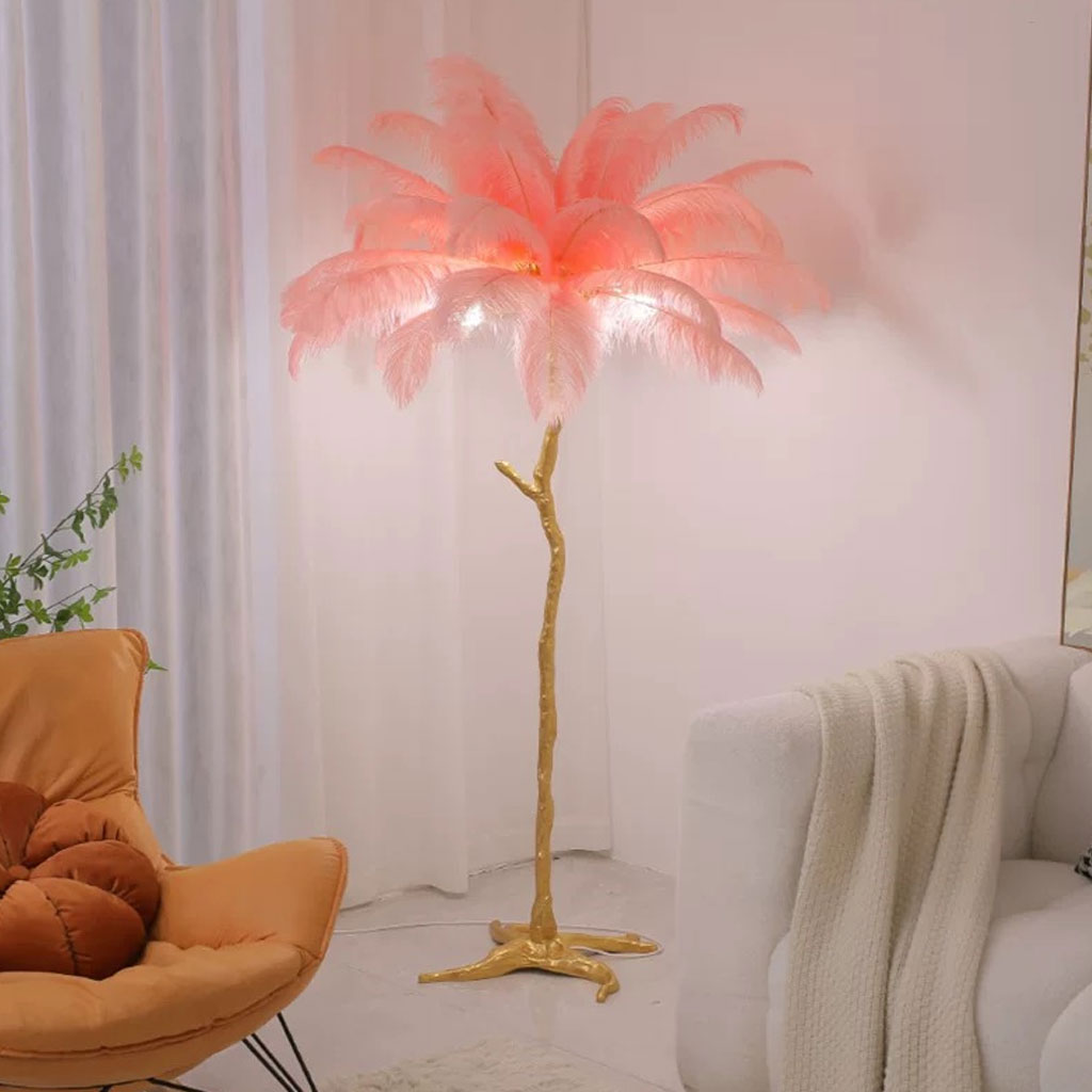 Lampe de sol en plumes d'autruche de luxe, 16 couleurs/résine