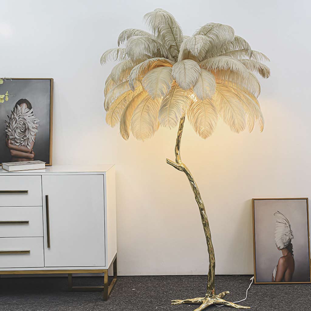 Lampe sur pied en plumes d'autruche cuivre laiton luxe 70", 4 couleurs
