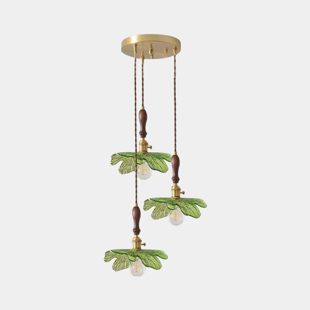 Suspension artistique rétro en laiton avec plateau en bois et en verre, vert