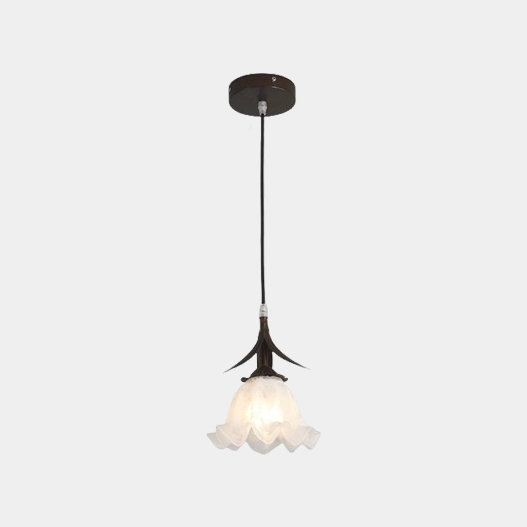 Suspension contemporaine en bronze avec verre blanc en forme de fleur
