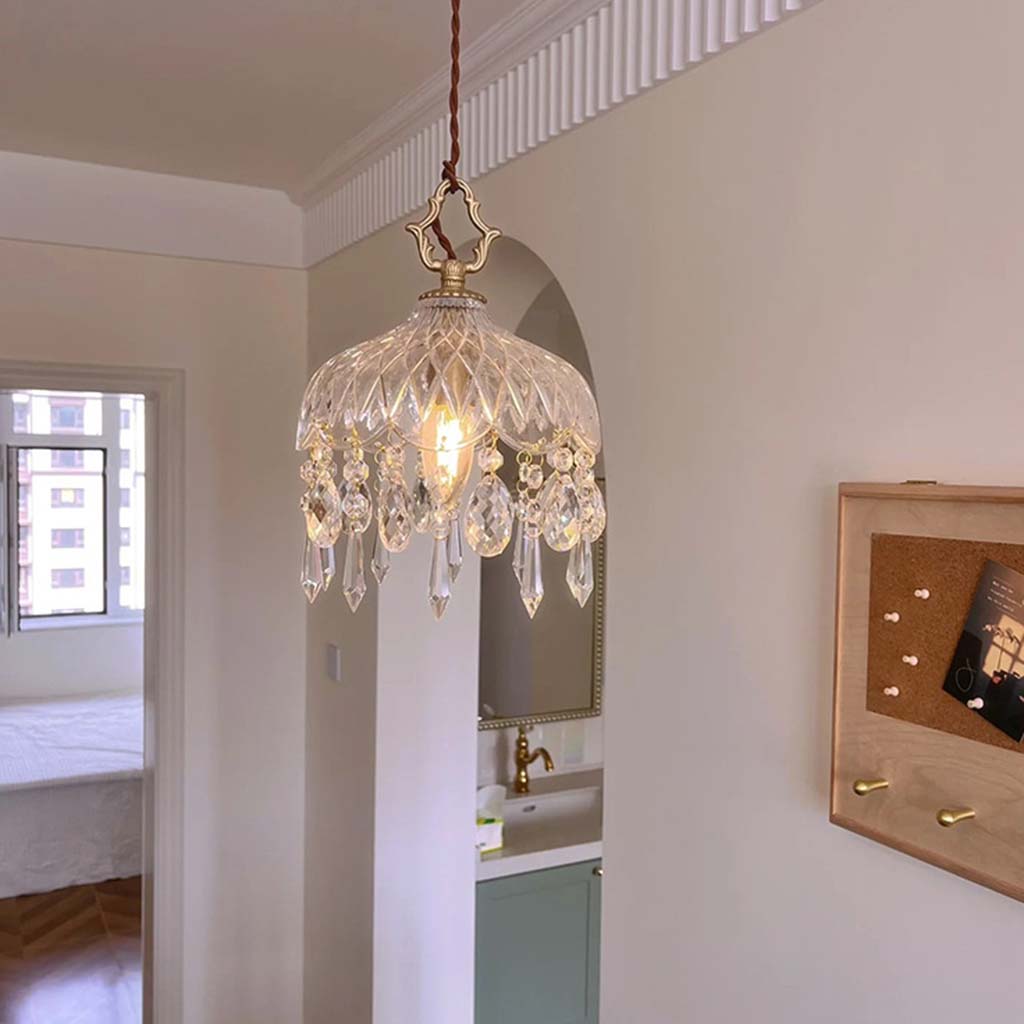Suspension Française Rétro en Laiton et Verre Cristal