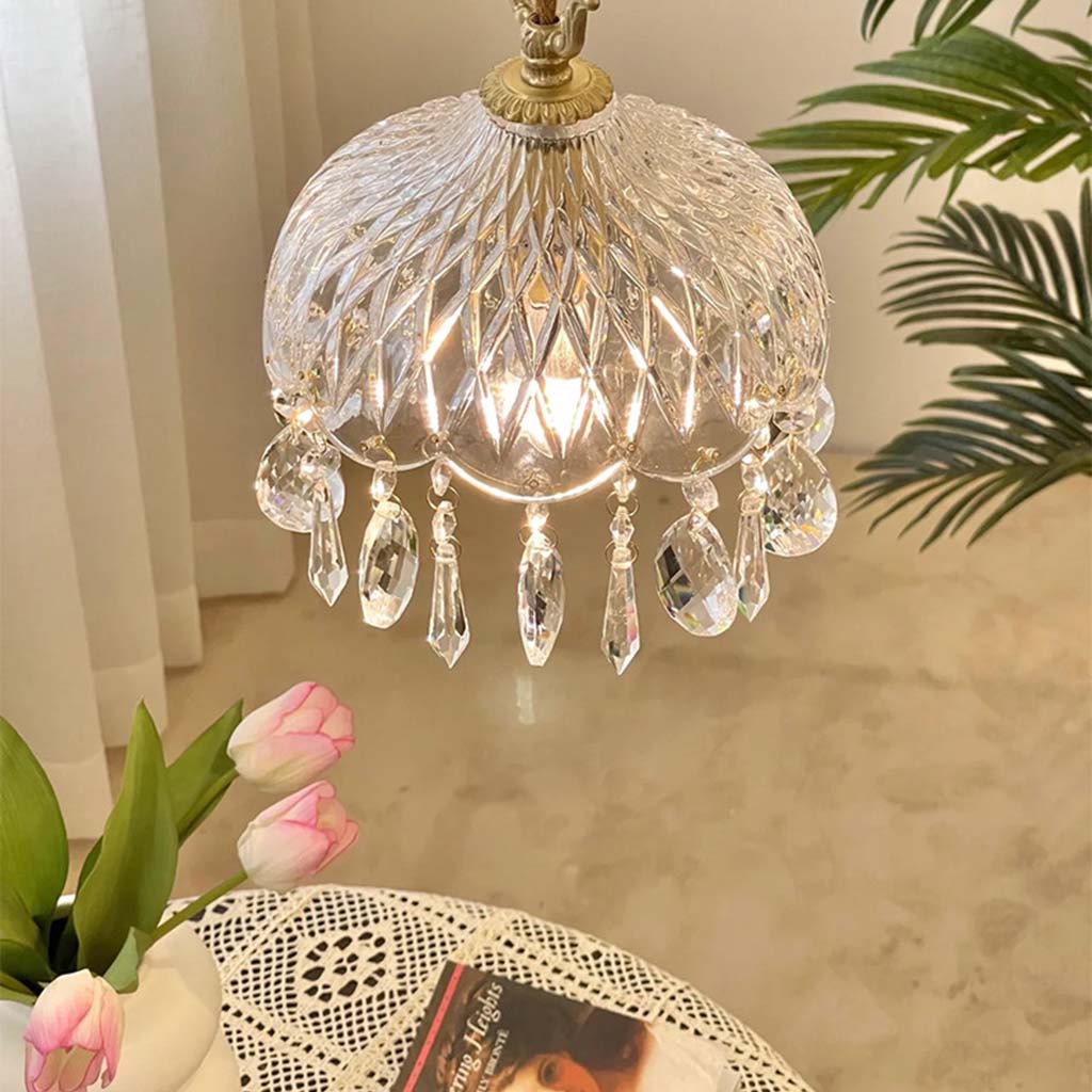 Suspension Française Rétro en Laiton et Verre Cristal