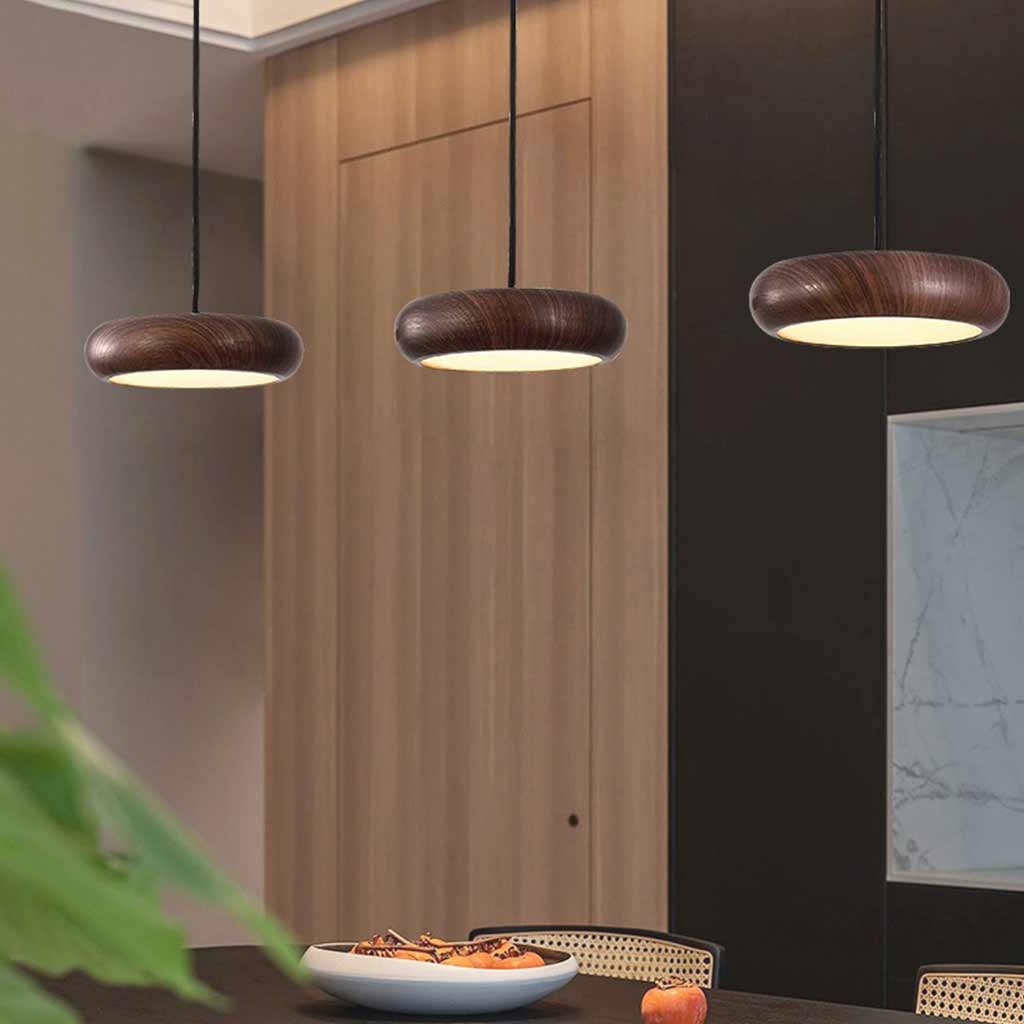 Suspension Minimaliste Disque LED Dimmable, Finition Bois