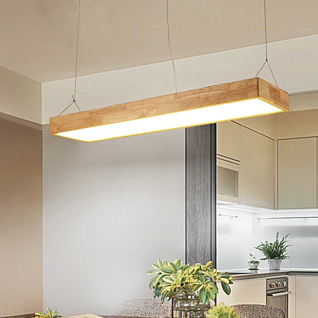 Suspension rectangulaire scandinave en bois LED dimmable, couleur bois