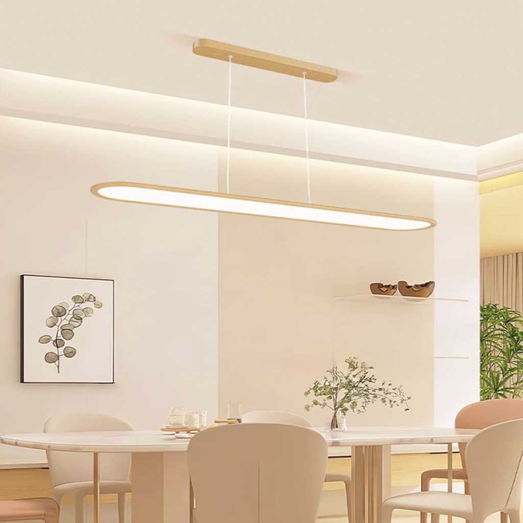 Suspension moderne rectangulaire arrondie linéaire LED dimmable, couleur bois