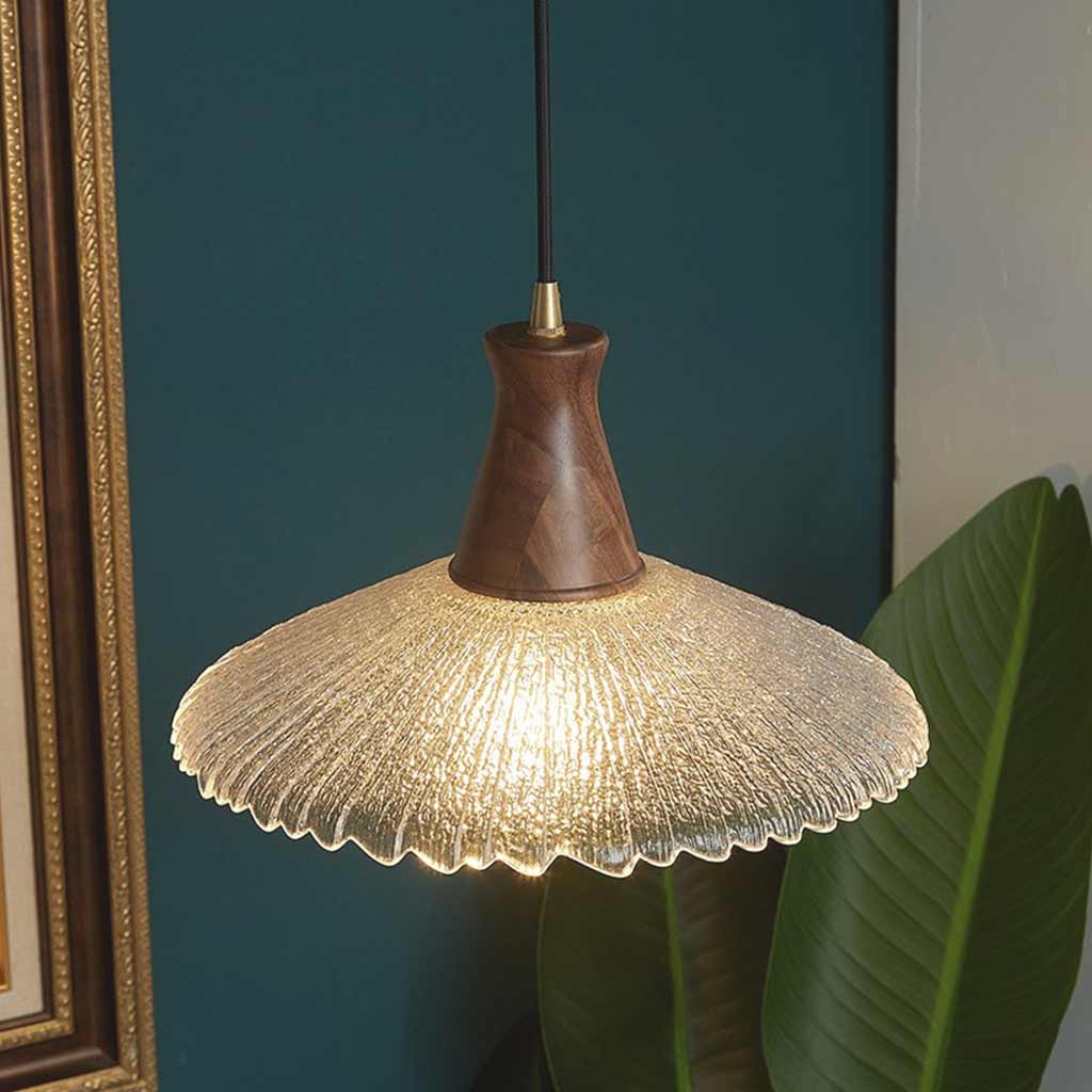 Suspension vintage japonaise en cuivre et bois avec abat-jour en verre