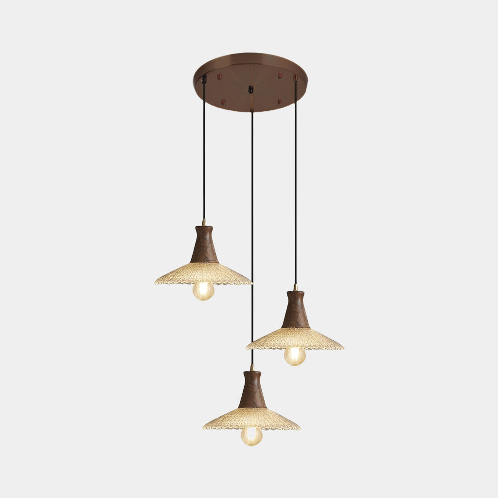 Suspension vintage japonaise en cuivre et bois avec abat-jour en verre
