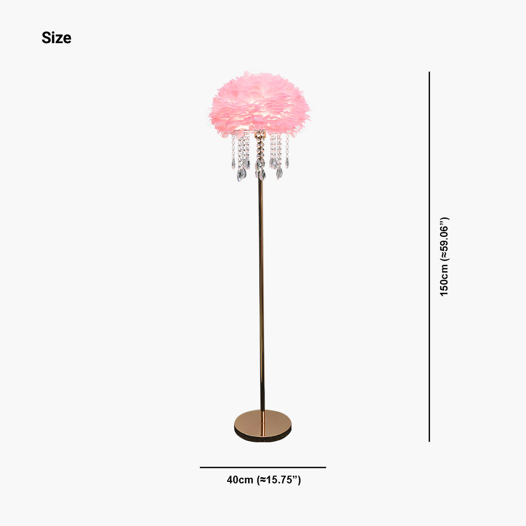 Lampadaire en plumes avec pompons en cristal, élégant, 3 couleurs