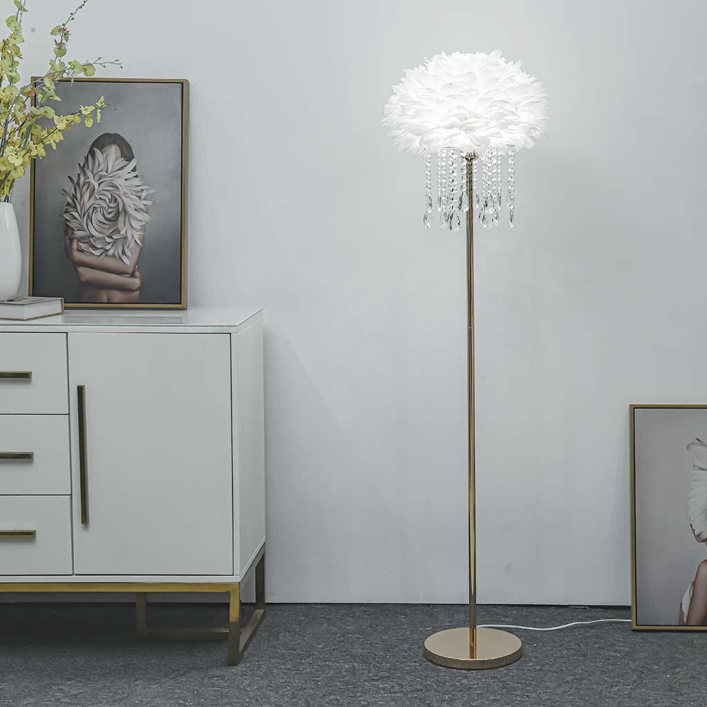 Lampadaire en plumes avec pompons en cristal, élégant, 3 couleurs