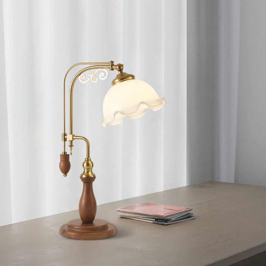 Lampe Vintage sur Pied / de Table Arceau Bois Verre Fleur Muguet