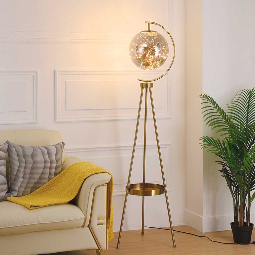 Lampadaire Trépied Unique Boule en Verre Fée avec Plateau
