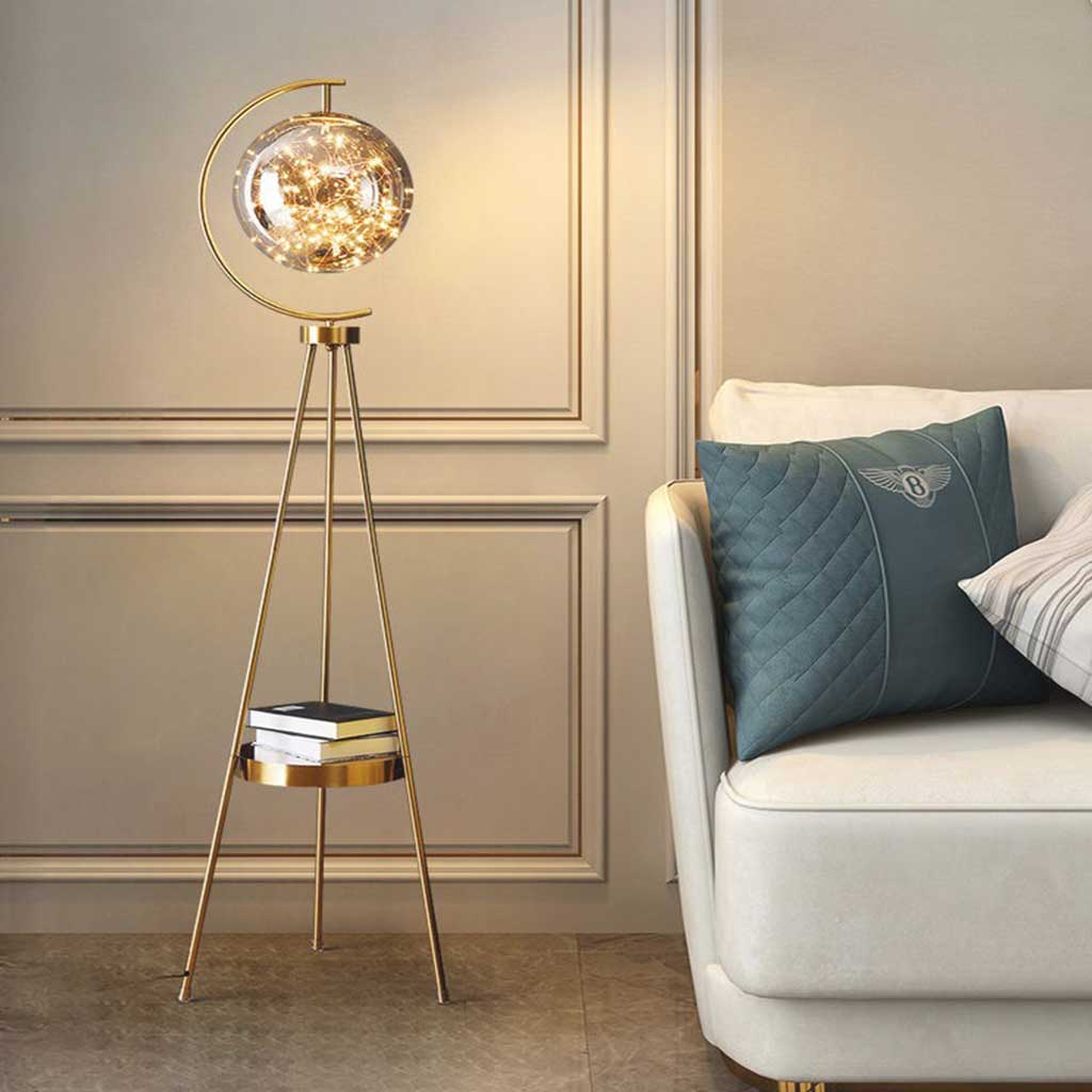 Lampadaire Trépied Unique Boule en Verre Fée avec Plateau