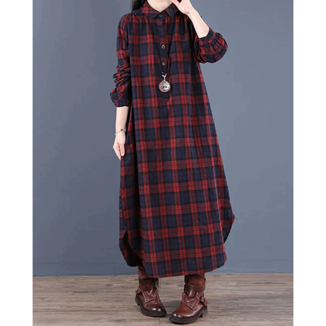 Robe chemise à carreaux à manches longues pour femmes | Maxi
