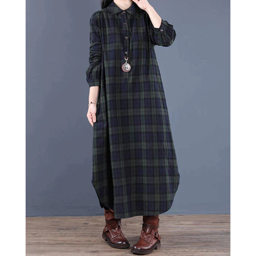 Robe chemise à carreaux à manches longues pour femmes | Maxi