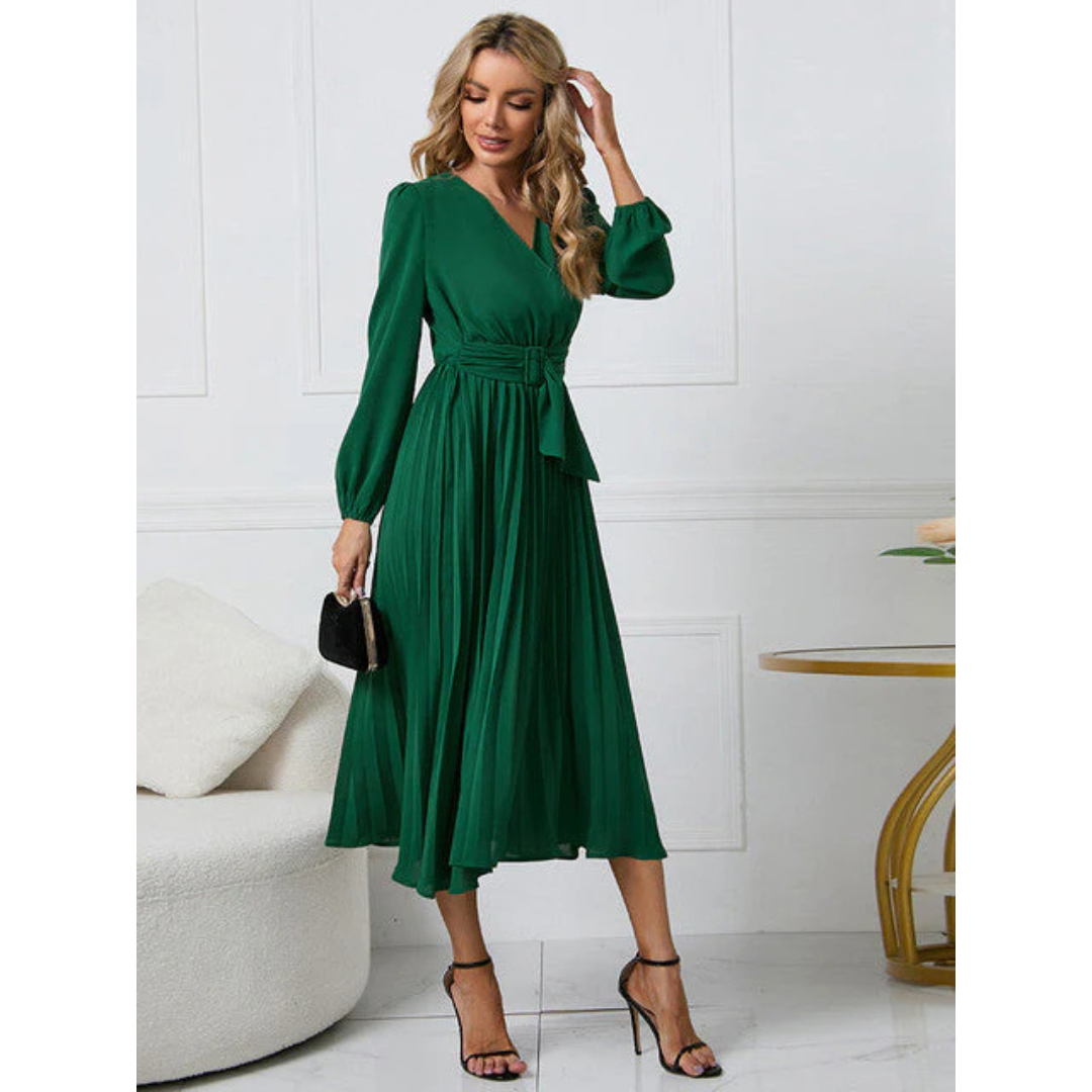 Robe Midi à Ceinture Plissée et Décolleté en V pour Femmes